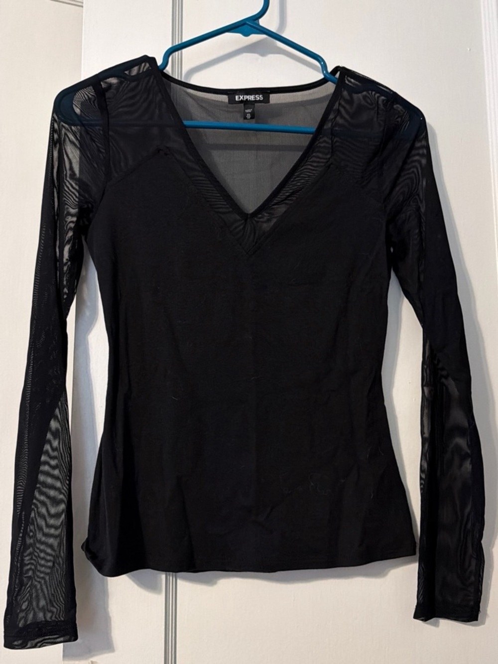 Express Black Sheer Mesh V-Neck Long Sleeve Top